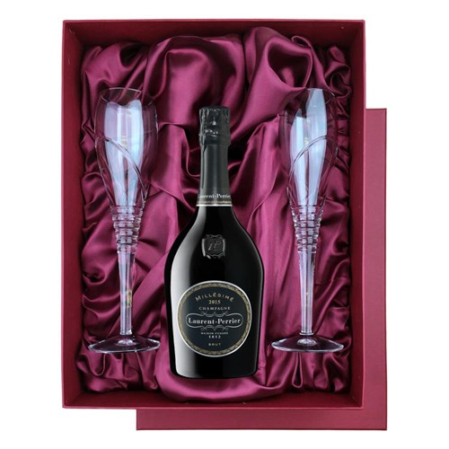 Laurent Perrier Brut Millesime Vintage 2015 75cl in Red Luxury Presentation Set With Flutes